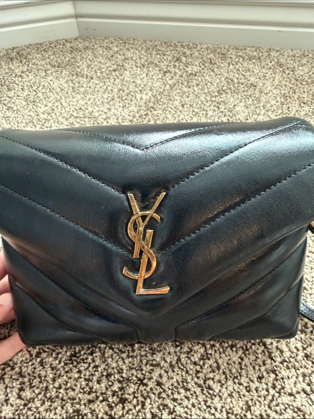 Yves Saint Laurent Black Chevron Quilted Shoulder Bag with Gold Logo